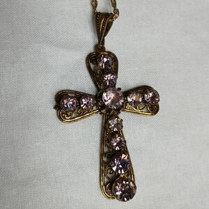 Vintage Victorian Inspired Gold Toned and Lavender Ornate Cross Pendant Necklace